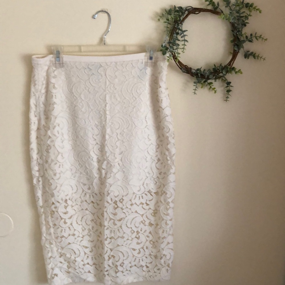 Express Lace off white midi pencil skirt